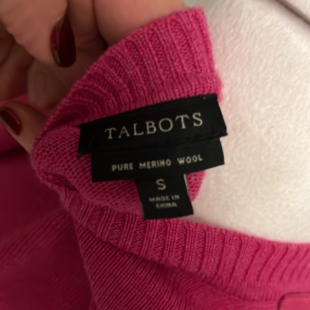 Talbots merino wool pink cardigan w/gold buttons and grosgrain ribbon Sz Small - Picture 5 of 7